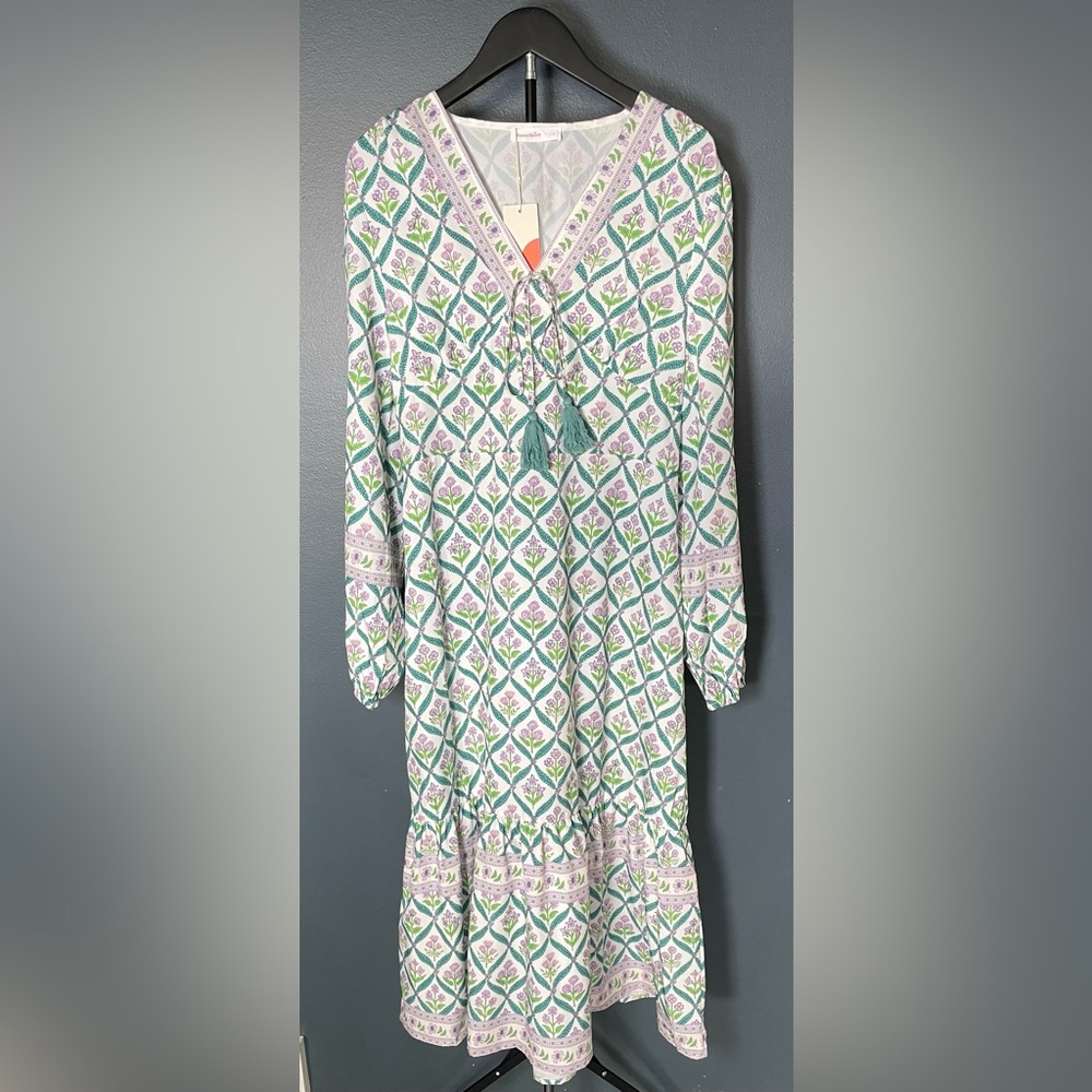 NWT SunnySpirit Boho Block Print Floral Maxi Dress with Tassels